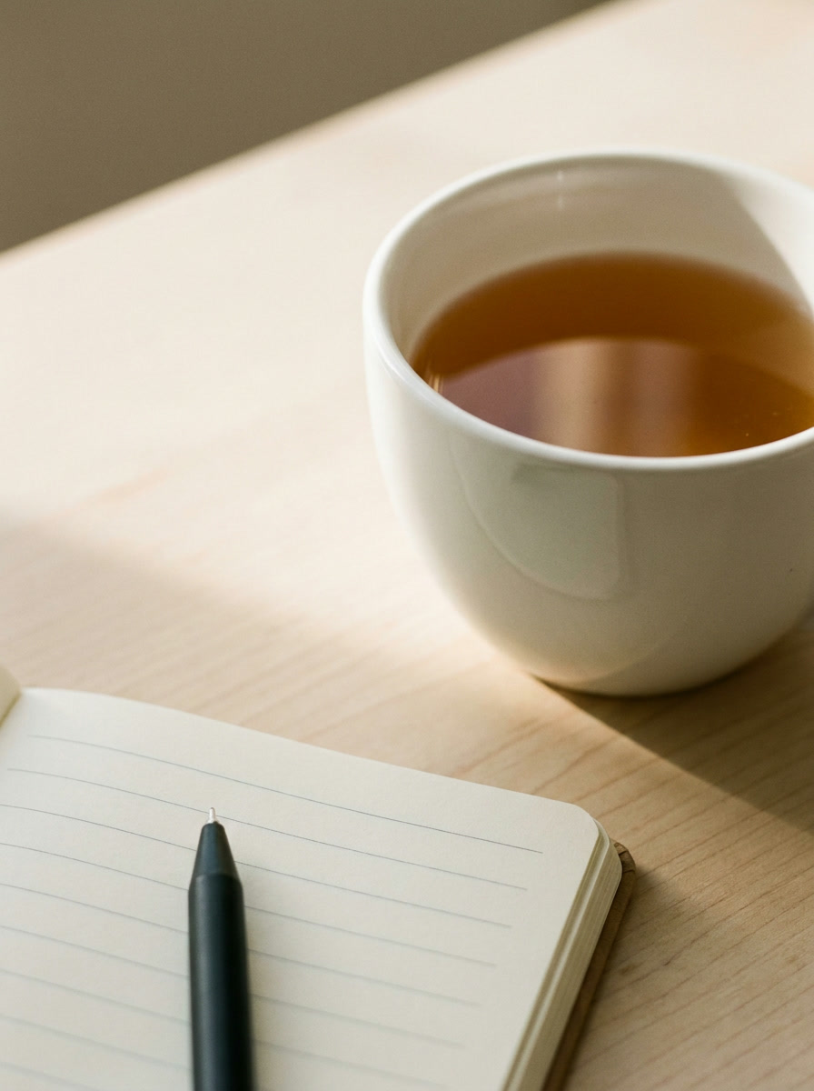 Detalle de la taza de té, la libreta y la lapicera, a la luz de la tarde.